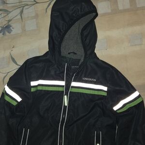 London Fog Boys Black Windbreaker with Green and White Stripes